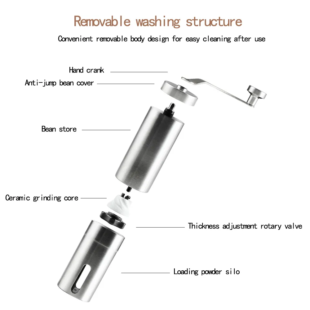 Moedor de café manual para a máquina de gravação francesa, Mini de mão, K Copa, escovado de aço inoxidável portátil moedor cônico 210309