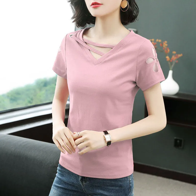 قمصان القطن تتجول سيدة الربيع غير الرسمي على غرار الصيف قصير الأكمام o-neck platwork pulver tshirts tops ZZ0094 210311