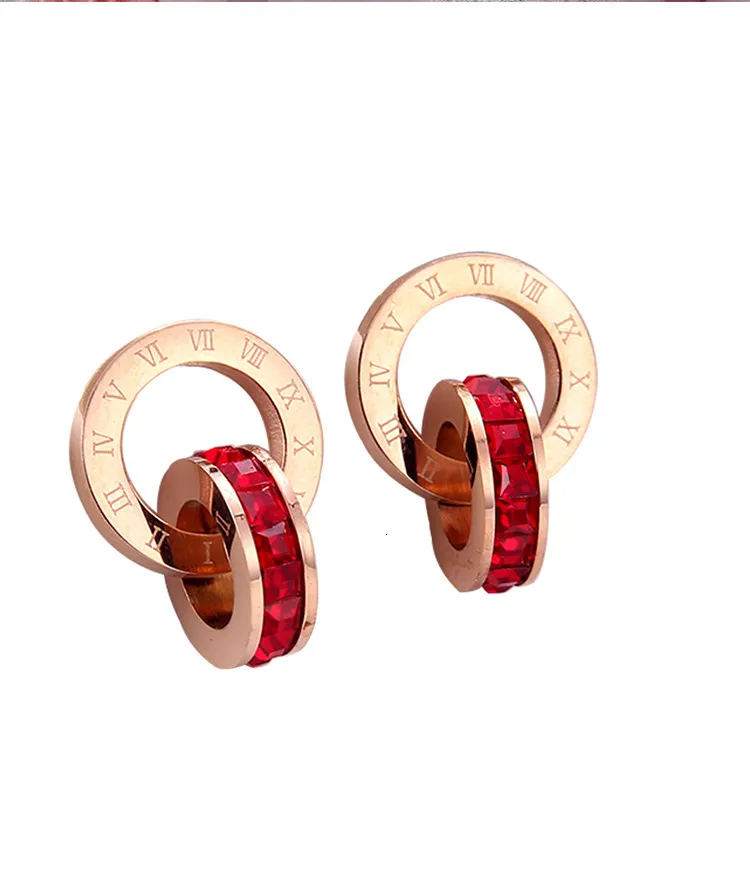 Charm Japan and South Korea new titanium steel non fading double ring Roman numeral red diamond white diamond studded Earrings female Earrings