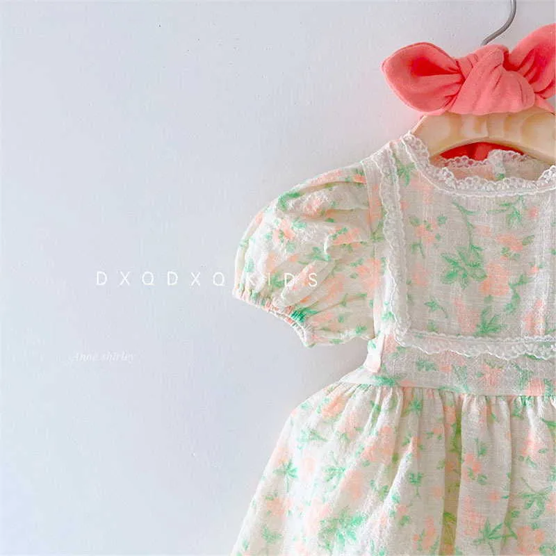 Summer Kids Girl Dress Floral Lace Puff Sleeves with Sashes Princess Dresses Cute Style Outfits Children Clothes E0504 210610