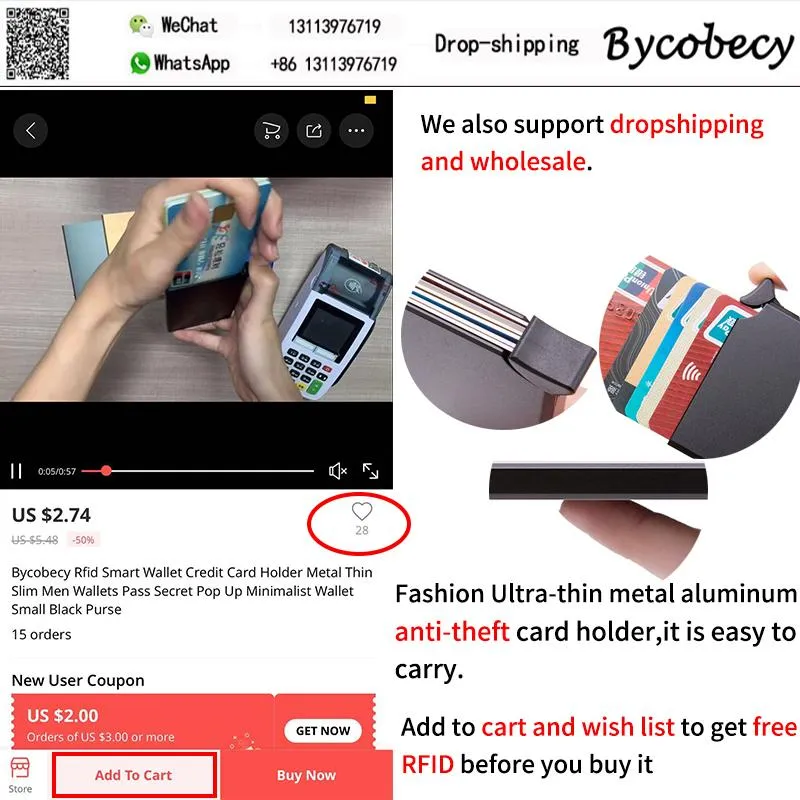 محافظ BYCOBECY RFID SMART WALLED METAL MENT TRIP SLIT MEN