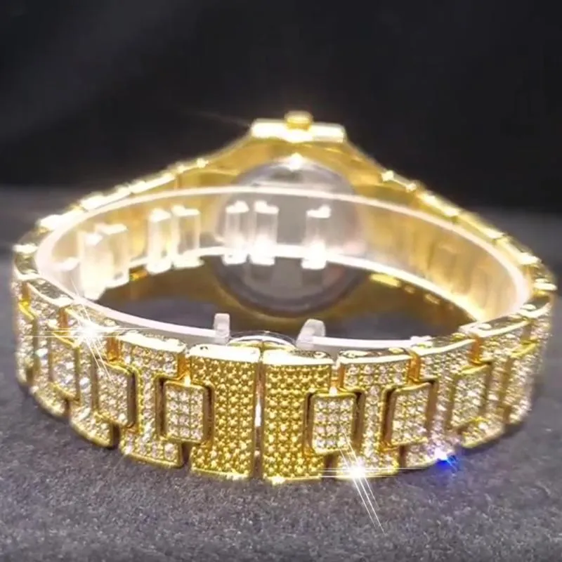 Classic 18K Gold Watch Mężczyźni luksusowe lodowatą full diamentowe zegarki męskie pełne stalowe mody kwarcowe zegarek cz hip hop reloJ hombre253J