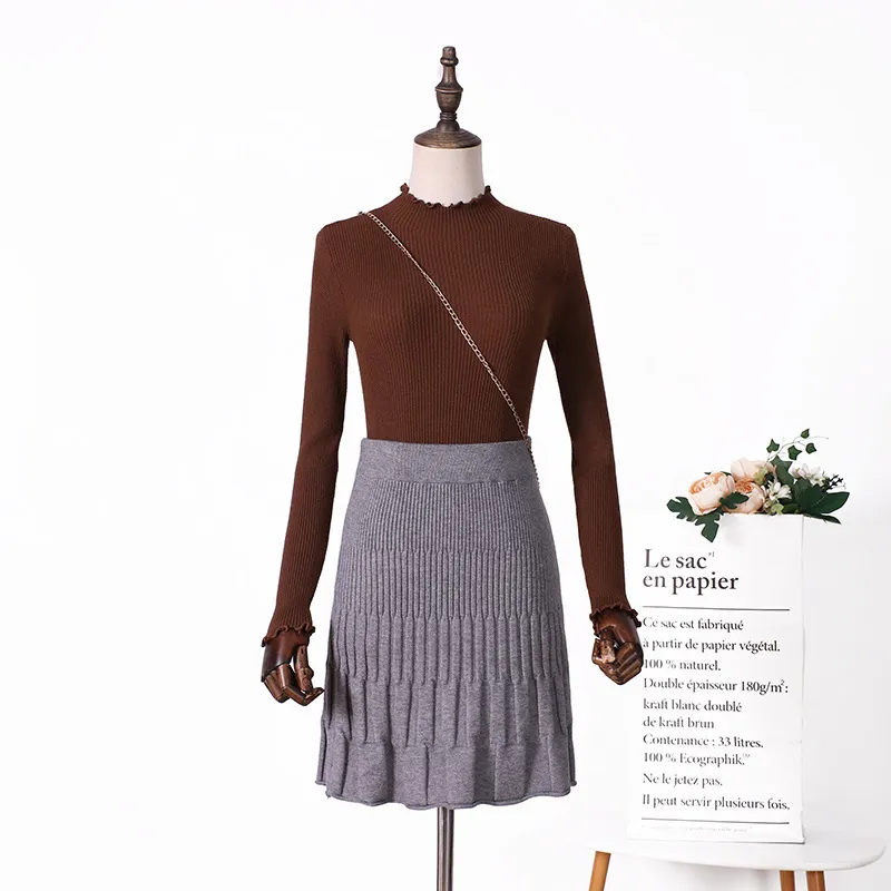 Autumn Winter Mulheres tricô saia feminina malha retro elástico cintura alta faixa de babados saia de quadril sai as saias 210311