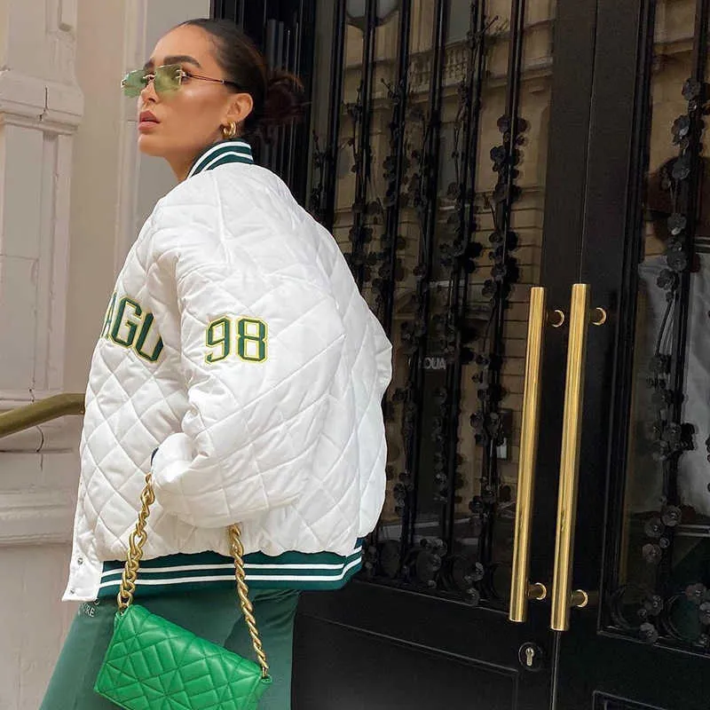 Y2k Green Print Mode Baseball Bomber Mantel Herbst Winter übergroße Patchwork Jacke Varsity Frauen Casual weiß 211014