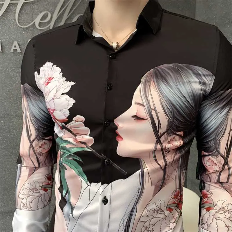 Beauty Print Men Shirts Spadek Z Długim Rękawem Dorywczo Koszula Slim Fit Social Party Bluzka Streetwear Camisa Masculina Ropa Hombre 210527