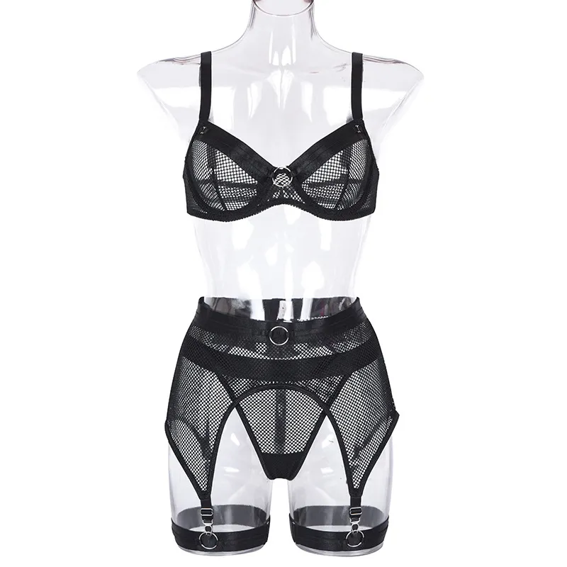 Dames Lingerie Set 3 Stuk Zwart Ondergoed Suit See Through Lenceria Para Mujer Transparante BH en slipje Set met ribbelband