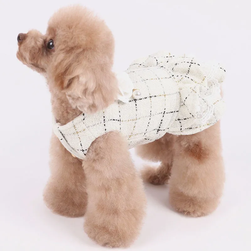 Платье для любимой собаки теплое 100%хлопковое сгущение плюс бархат для маленьких собак одежда украшает цветочный жемчужный кружев