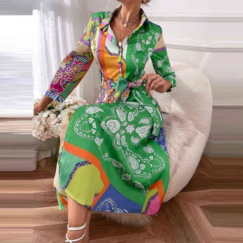 Jesień Elegancka Biuro Lady Długa Dress Moda Kobiety Z Długim Rękawem Lapel Koszula Sukienka Single-Piersi Print Lace-Up Luźna Sukienka Maxi Y1204
