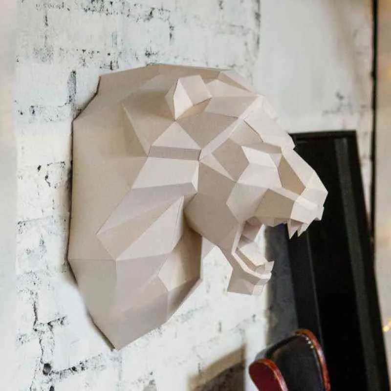 Aslan Kafası 3D Kağıt Modeli Hayvan Heykel Papercraft DIY Zanaat Oturma Odası Dekorasyonu için Ev Dekor Bar Duvar Sanatı 211108