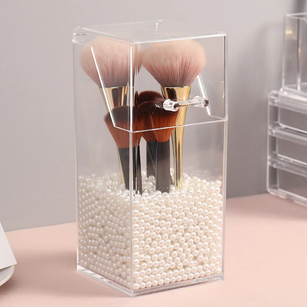 Pearl Clear Acrylic Makeup Borsthållare Transparent Makeup Brush Lagringslåda Läppstift Förvaringsbehållare Penna Rensa Box 210309