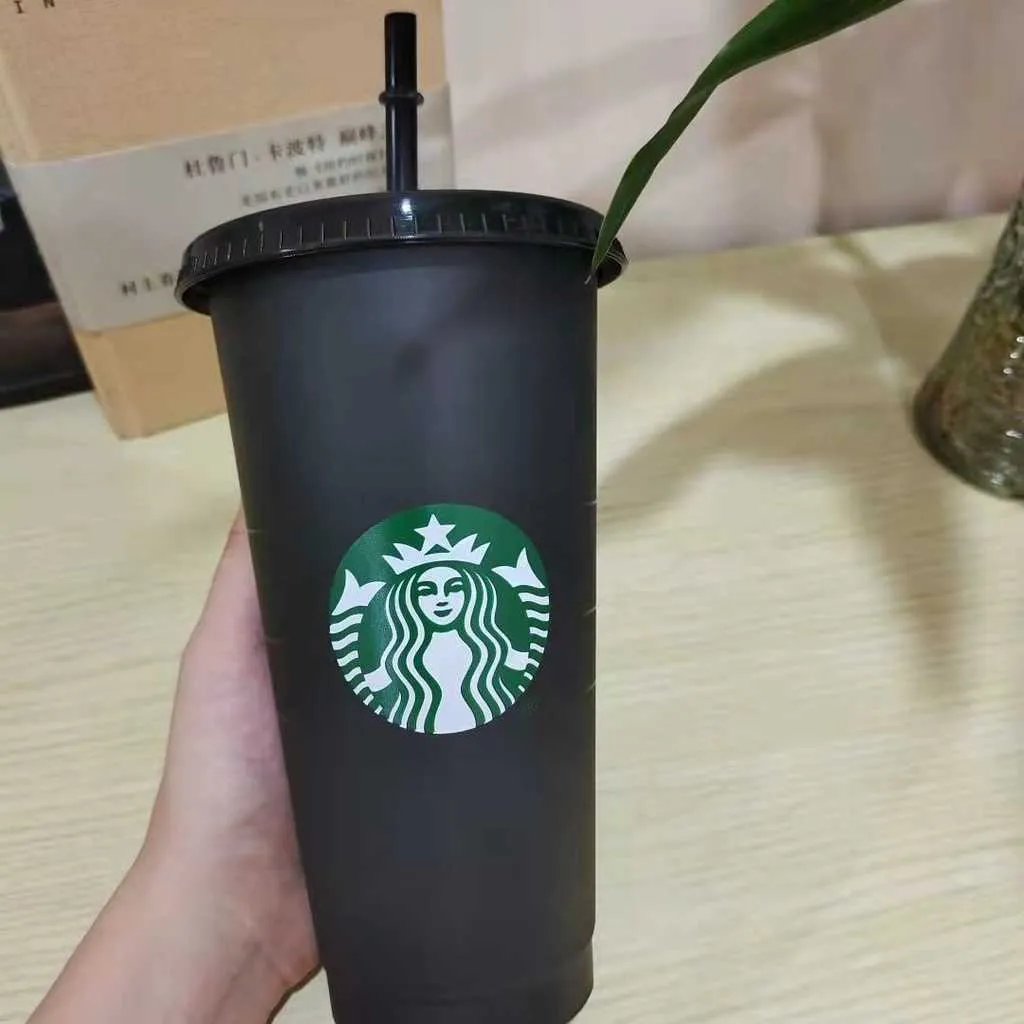 ML Reusable Starbucks Cold Cups Plastikowy Blacktransparent Tumbler z pokrywką Słowo Czarna Puchar