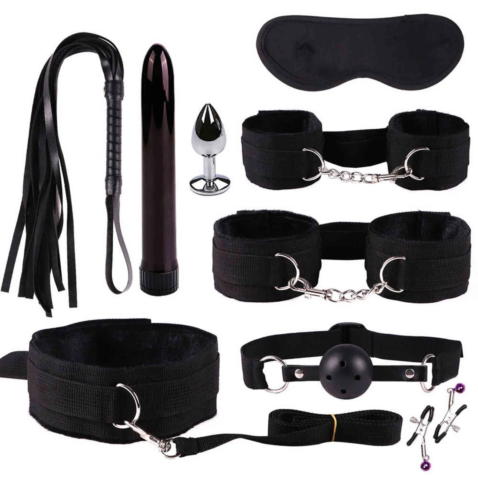 NXY Sm bondage BDSM Sex Toys For Couples Handcuffs Whip Nipples Clip Blindfold Mouth Gag Adult Kit Bondage Toy Flirt Games 1126
