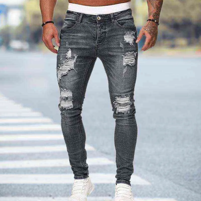 Jeans skinny neri Jeans strappati da uomo Jeans maschili 2021 NUOVI pantaloni casual da strada estivi Hip Hop Pantaloni in denim slim moda uomo Pantaloni da jogging H268C