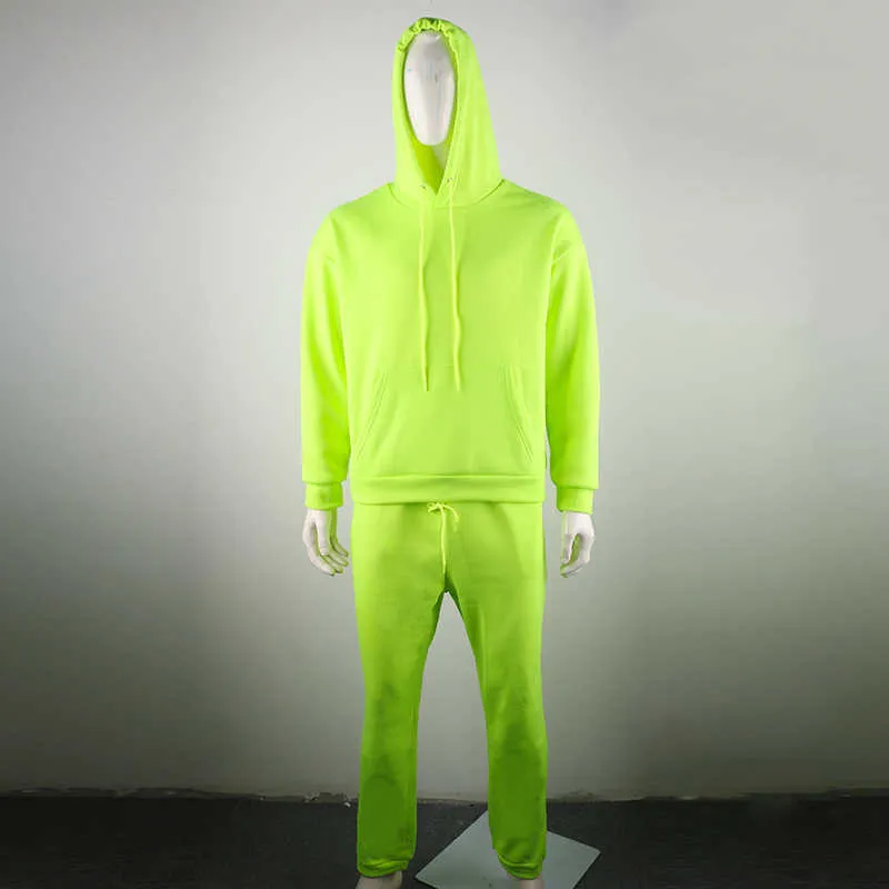 OMSJ 2021 Mode Neon Stil Herren Sets Fluoreszenz Grün Mit Kapuze Sweatshirt + Jogginghose Zwei Stück Herbst Winter Casual Trainingsanzug Y0831