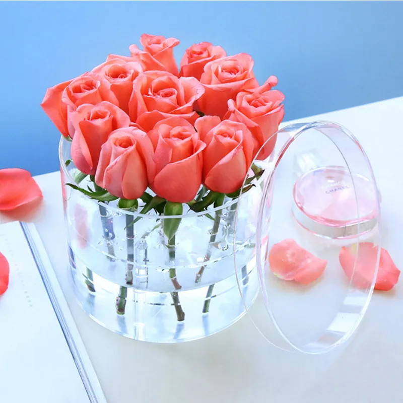 Ronde / hartvormige acryl rose bloemweergave opbergdoos make-up organizer cosmetische houder bloem geschenkdoos geval met dekking 210315