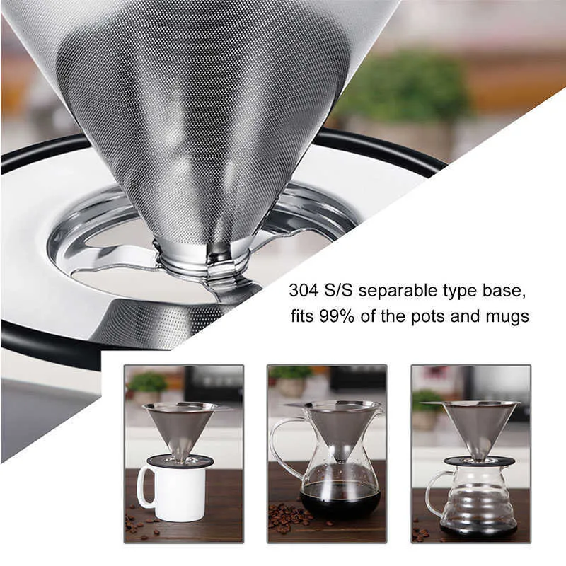 Pour Over Coffee Filter Stainless Steel Reusable Coffee Dripper Coffee Holder Cone Funnel Basket Mesh Strainer 210712