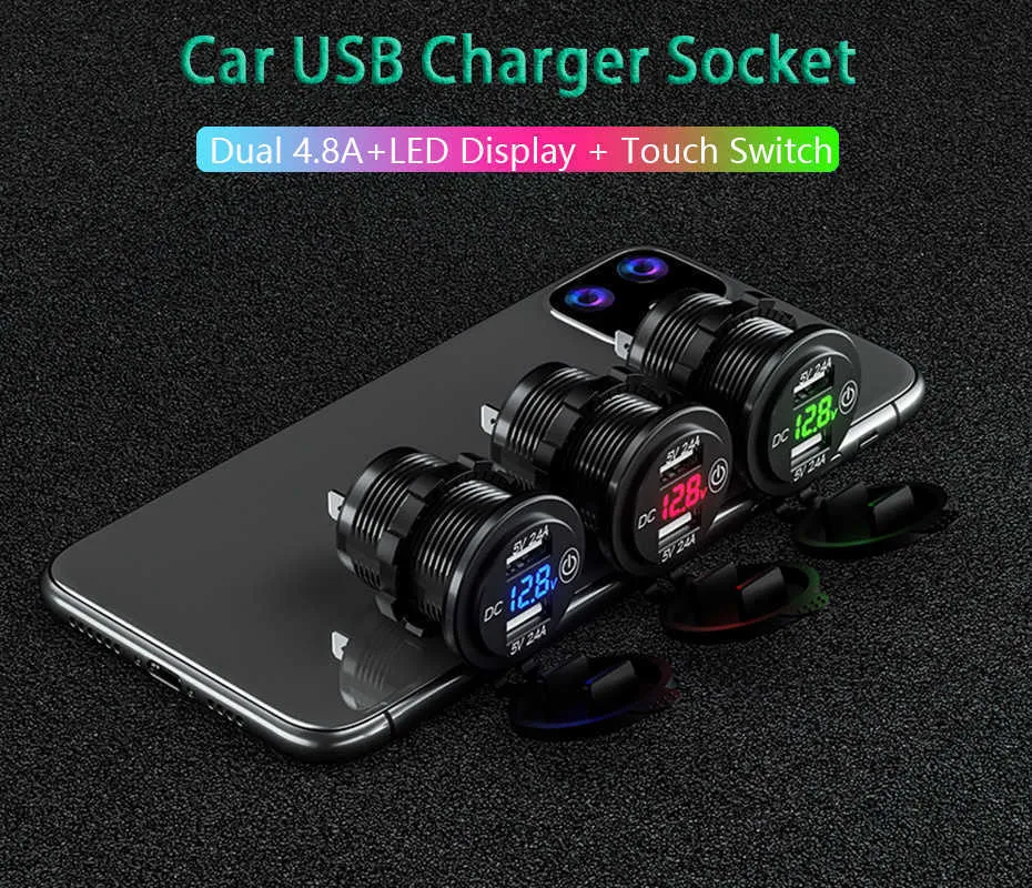 Dual 4,8 A LED Display USB Ladegerät Buchse Touch Schalter Wasserdichte Universal Motorrad Lkw VAN Auto Ladegerät Für Telefon Tablet DVR