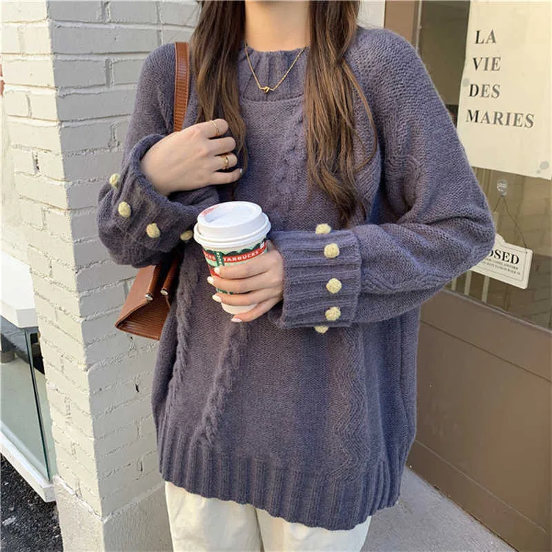 PERHAPS U Purple Beige Sweater O Neck Knitted Pullovers Long Sleeve Winter Autumn Solid Warm Cable Balls M0436 210529