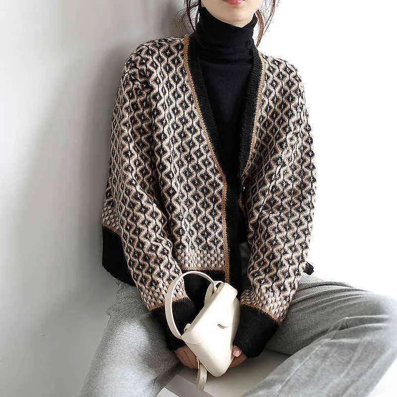 Aiujxk Sonbahar Kış Moda Argyle Hırka Kadınlar Vintage Kazak Uzun Kollu Örme Giysi Gevşek V Boyun Triko 211120