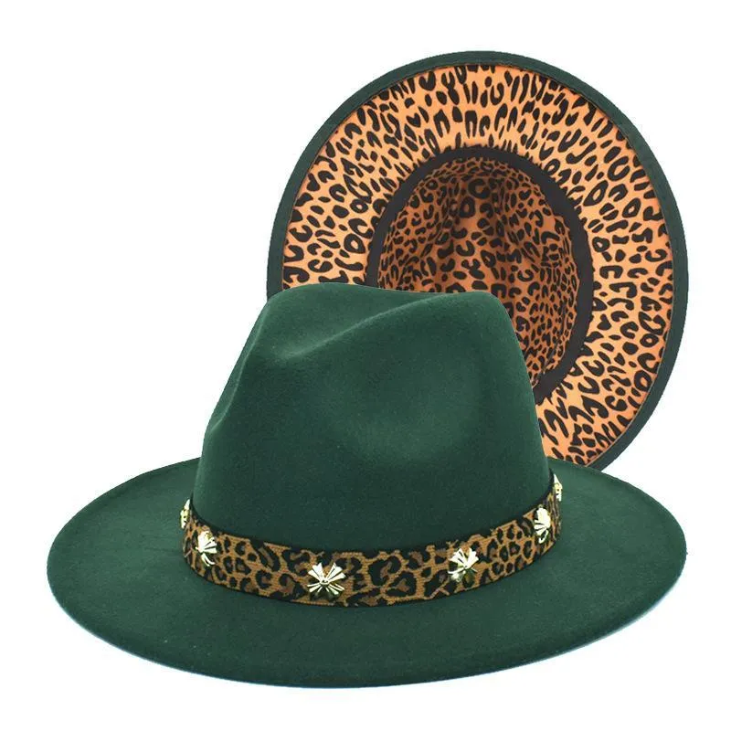 حافة واسعة القبعات الشتاء النساء ليوبارد فيدورا قبعة الرجال الصلبة لون الجاز رعاة البقر أنيقة بنما ترايلبي ​​كاب بالجملة