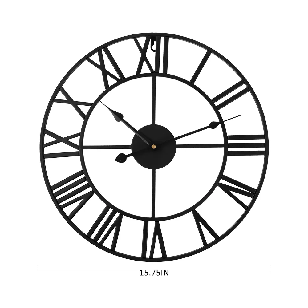 40cm大きい屋外ガーデンの壁掛け時計ノルディックメタルローマ数字壁時計レトロな鉄ラウンドフェイスブラックホームオフィスの装飾210310