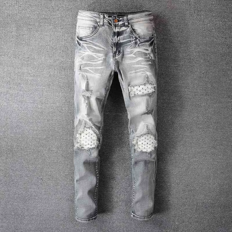 designers Jeans Amirrss men's Pants New US casual hip hop high street worn out and worn washed splash ink color painting Slim Fit Jeans Men's #804 EO7P