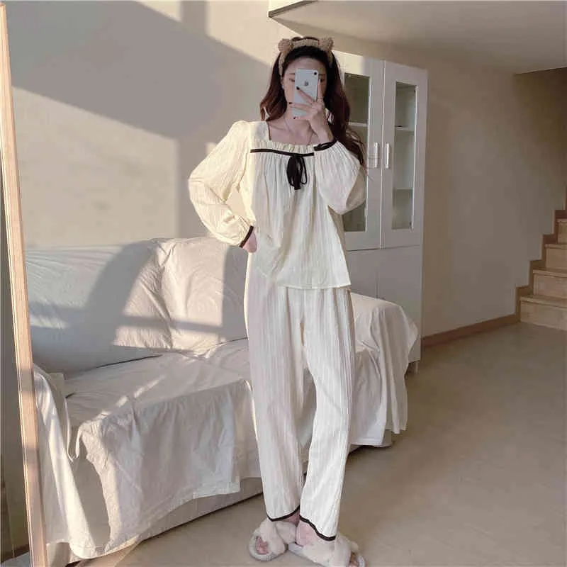 Sweet Chic Girls Stilish Sleepwear Bow Homewear Casual Femme Bomull Loose Cute Princess Pajamas Sets 210525