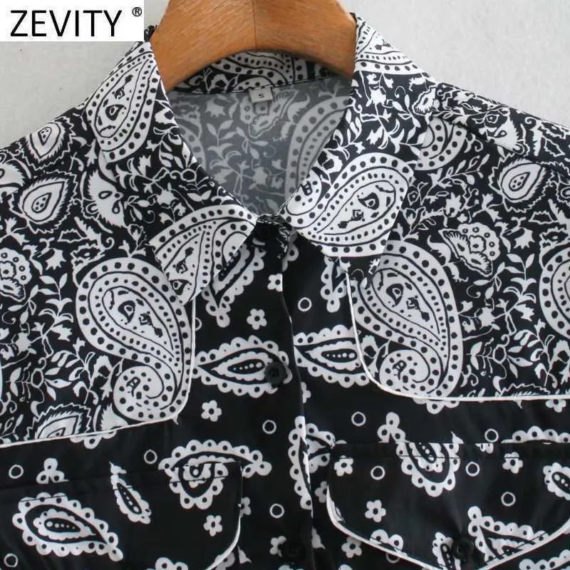 Zevity Women Vintage Black White Patchwork Cashew Nutsプリント着物シャツ女性カジュアルブラウスRoupas Chic Femininas Tops LS7588 210603