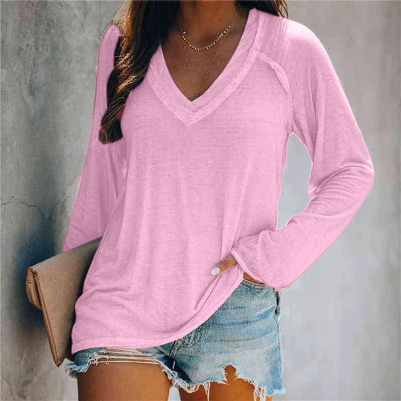 Camiseta de gran tamaño para mujer, camiseta básica con cuello en V, ropa coreana, dobladillo enrollado, camisetas de manga larga sólidas para mujer, informales G220228