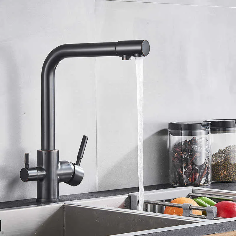 Orb Wit Zwart Keukengootsteen Kraan Gezuiverde Waterrotatie Koude Mixer Dual Handvat Tap Dek Mount 210724