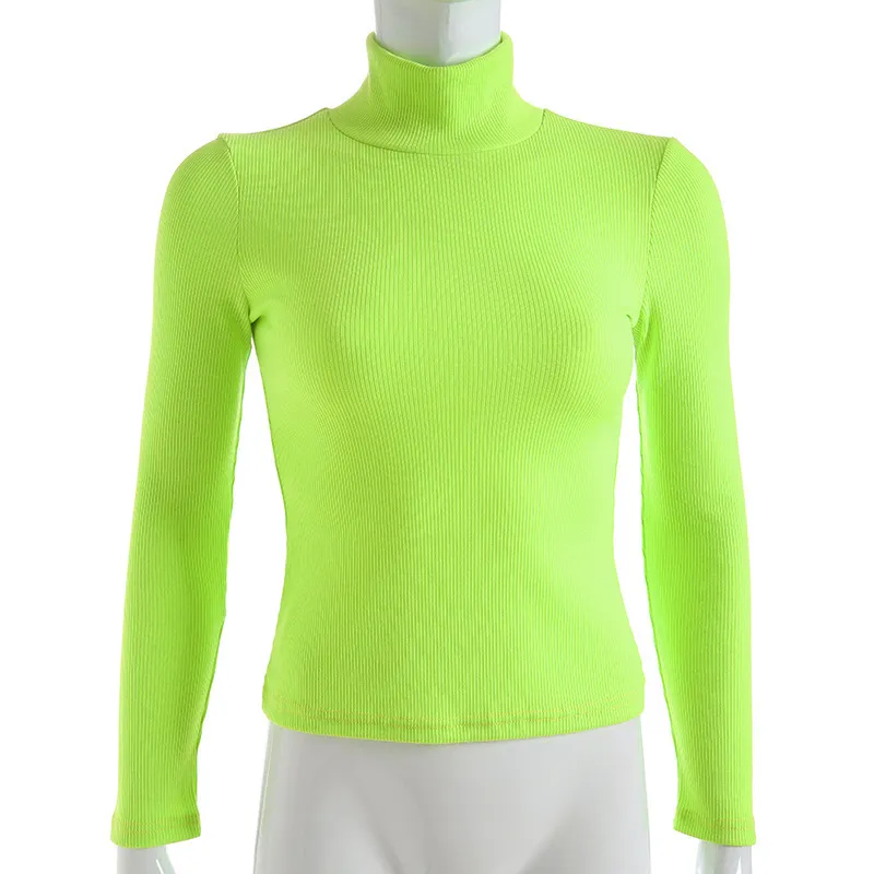 Couleur unie Harajuku Col Roulé Coton T Shirt Neon Jaune Vert Tricoté Crop Manches Longues Style Coréen Top Tee Shirt Haut Femme 210306