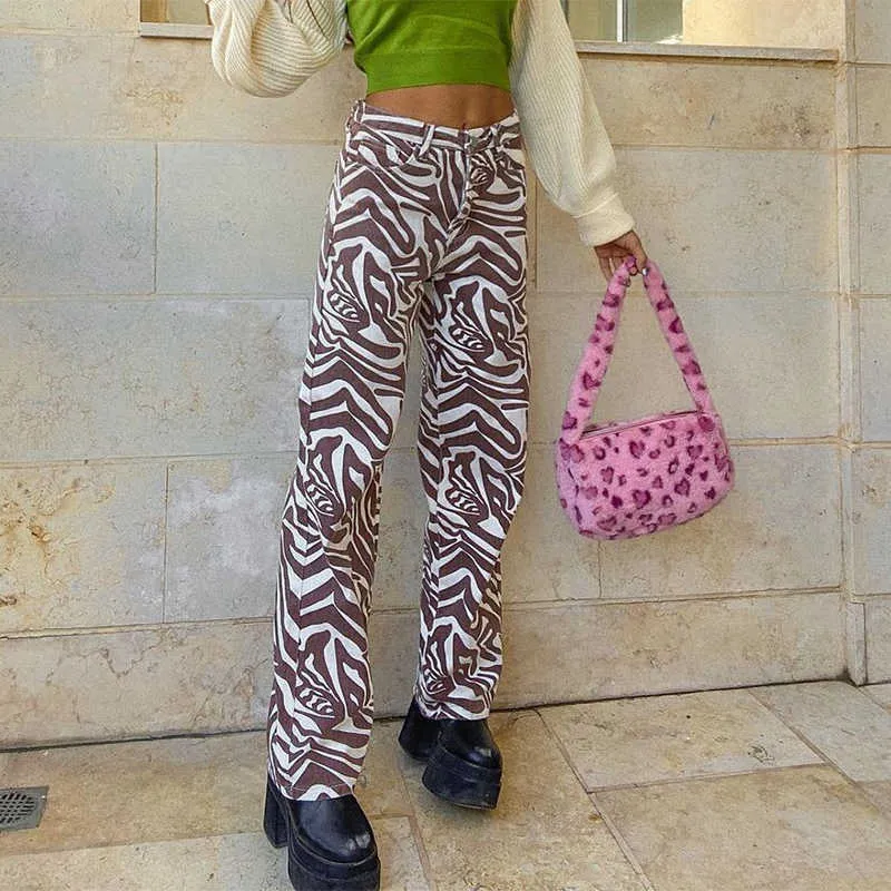 Brown Zebra Print Y2K Jeans pour filles Femme Casual Vintage Pantalon en denim droit Baggy Pantalon taille haute Capris 210708