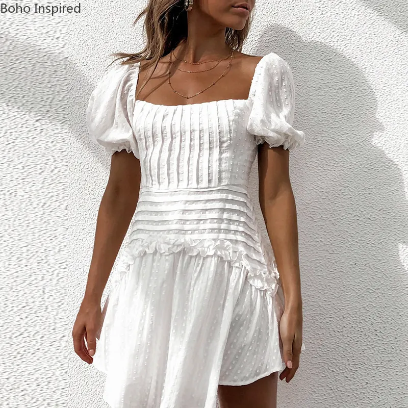 Boho inspirowane białą marszczeniem kobiety powiązane z puchami damską mini mini letnią plisowaną elegancką sukienkę 210316