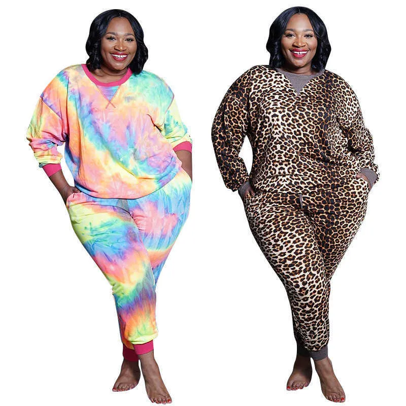 Plus Size Vêtements 5XL Deux pièces Tenues Femmes Tye Die Leopard Sweatsuit Home Wear Leggings Survêtement En Gros Dropshipping Y0625