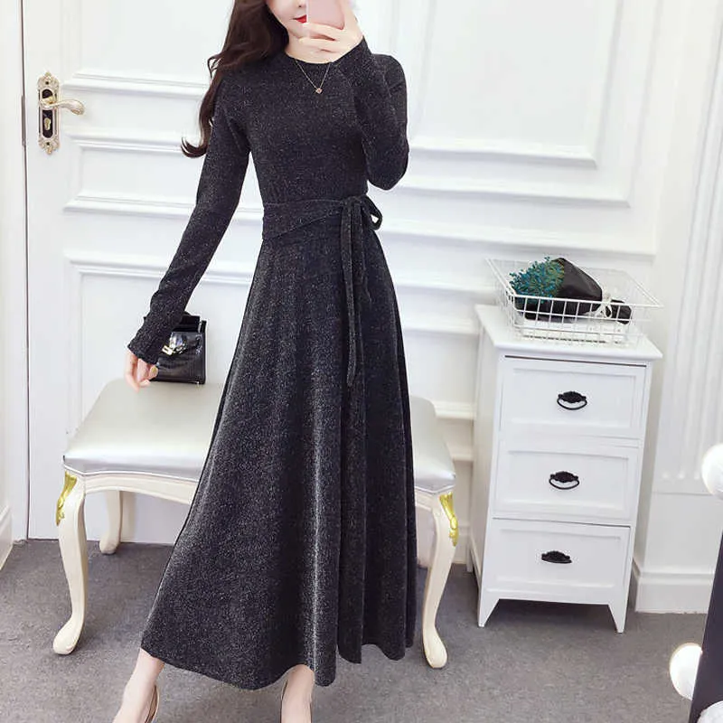 PERHAPS U Gray Lurex O Neck Full Sleeve A Line Sash Maxi Dress Long Elegant Winter Autumn D0748 210529