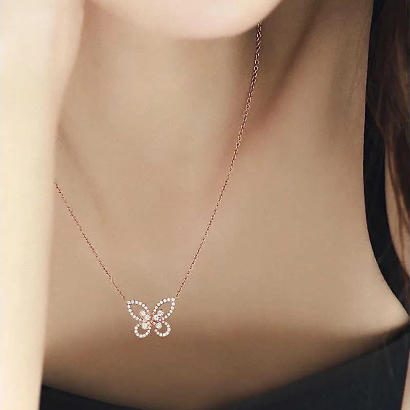 Nytt 2022 Toppmärke Pure 925 Sterling Silver Jewelry Women Rose Gold Butterfly Diamond Pendant Necklace LovelyFine Luxury Quality