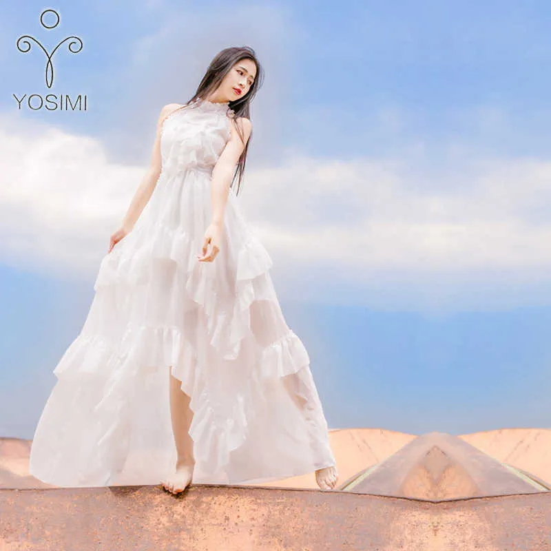 YOSIMI Summer Fairy Long Women Dress Maxi Elegant Chiffon Vintage Ruffles Stand-neck Beach Evening Party Tunic White 210604