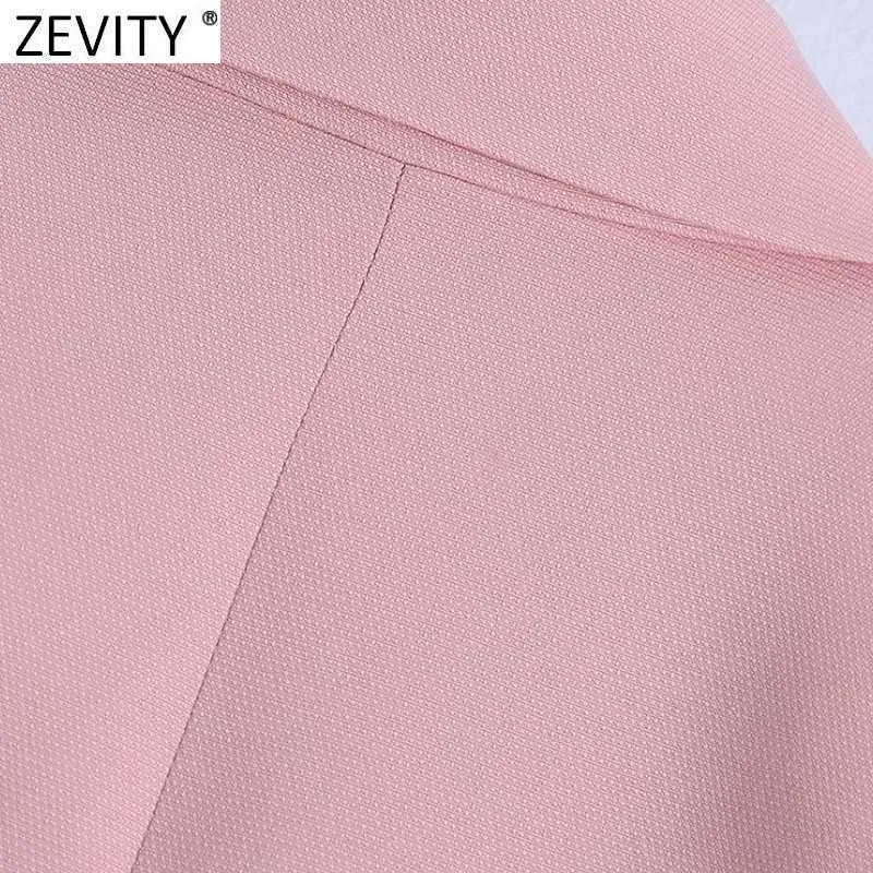 Zevity Women Elegant Double Breasted Casual Pink Blazer Coat Vintage Long Sleeve Suits Female Outerwear Chic Business Tops CT701 210927