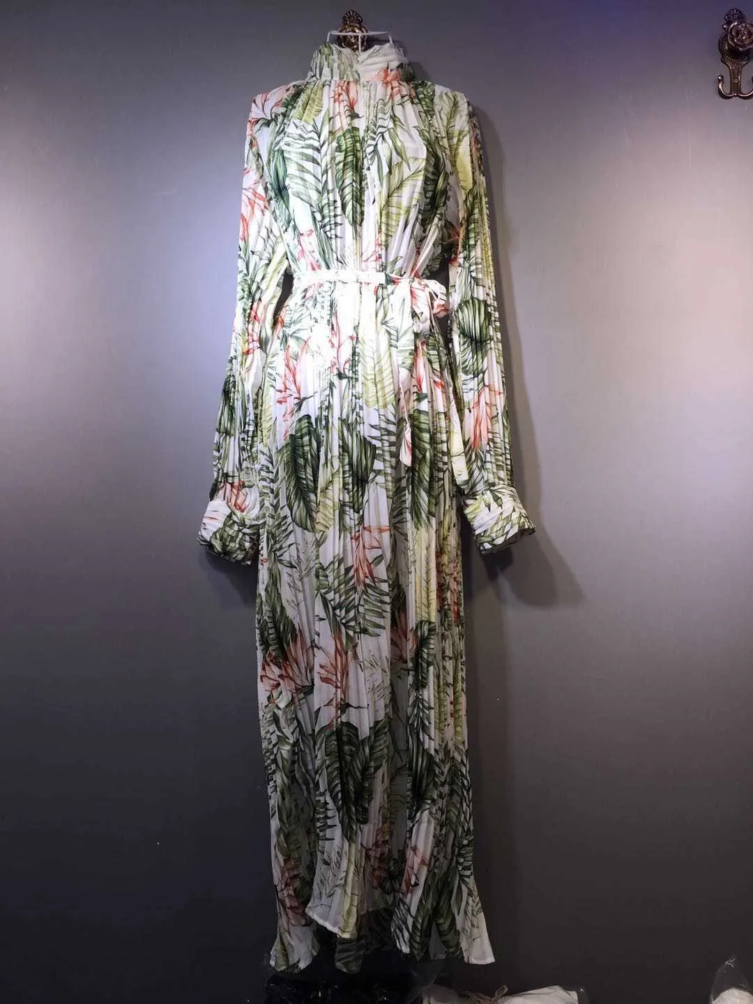 스탠드 느슨한 슬리 히트 벨트 주름진 완전 인쇄 쉬폰 유행 발목 길이 드레스 여성을위한 210615