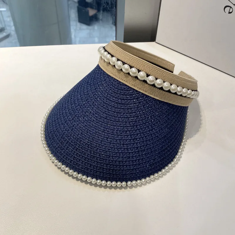 Chapeaux pare-soleil pour femmes avec perles, fait à la main, pliable, enroulable, à large bord, en paille d'été, vêtements de casquette pour femmes