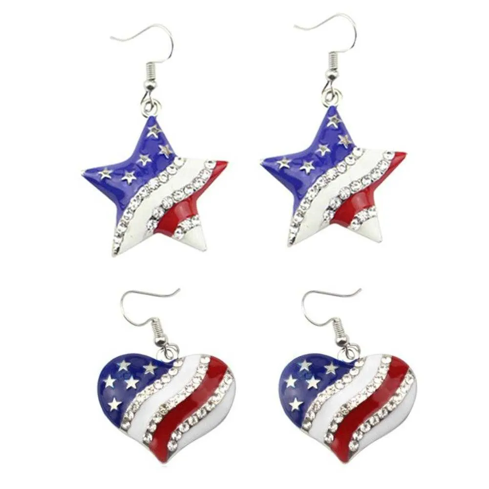 Chic drapeau américain coeur étoile en forme de strass oreille crochet boucles d'oreilles femmes bijoux nouveau chaud Q0709