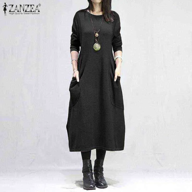 Höst vinter sweatshirt klänning zanzea kvinnor o neck långärmad fleece klänning casual solid lös vestido sundress robe g1214