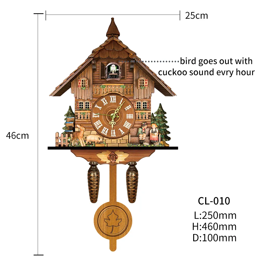 レトロなノルディックスタイルドイツの黒い森の木のカッコウの壁目覚まし時計の家の装飾アクセサリー210310