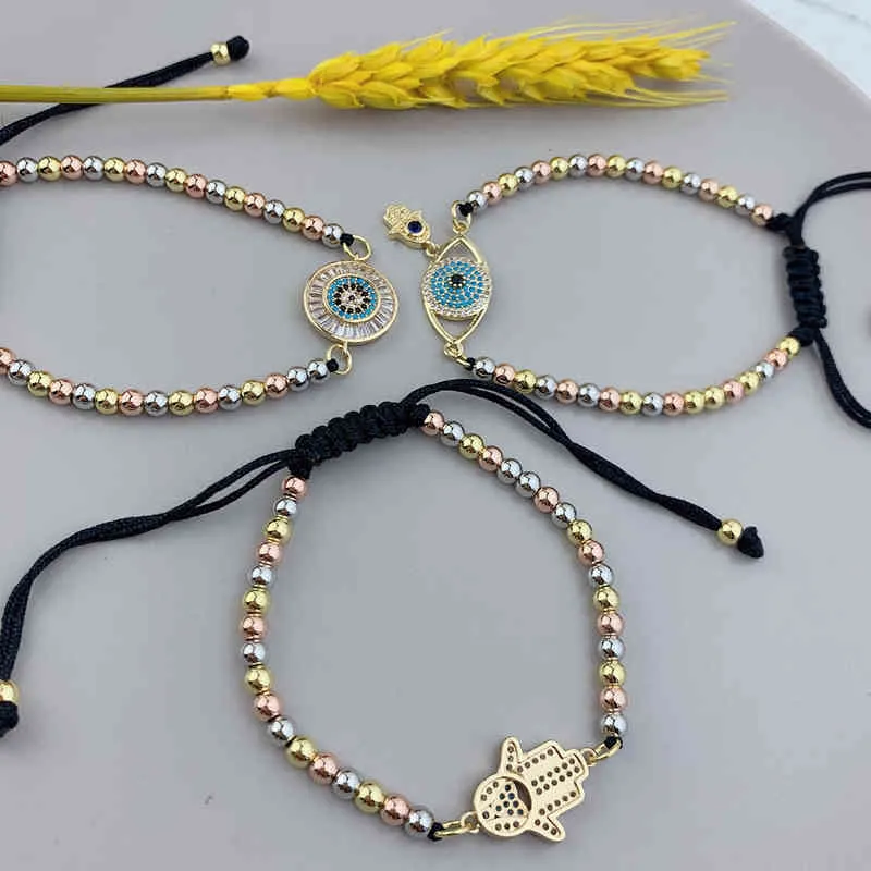 Verstellbares gewebtes Manschettenarmband für Damen, Hamsa Evil Eye Charm, Hand, Metallperlen, geflochtenes Seil, Armbänder, Schmuck