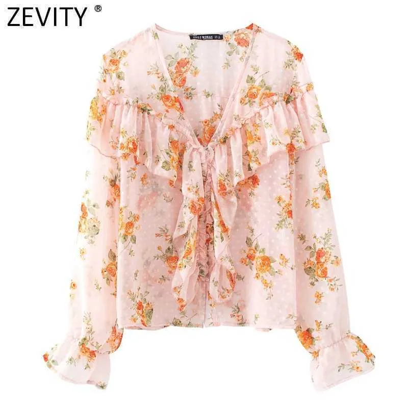 Zevity mujeres dulce plisado volantes cuello en V estampado Floral camisa Casual blusa de gasa femenina Roupas Chic Chemise Tops LS9076 210603