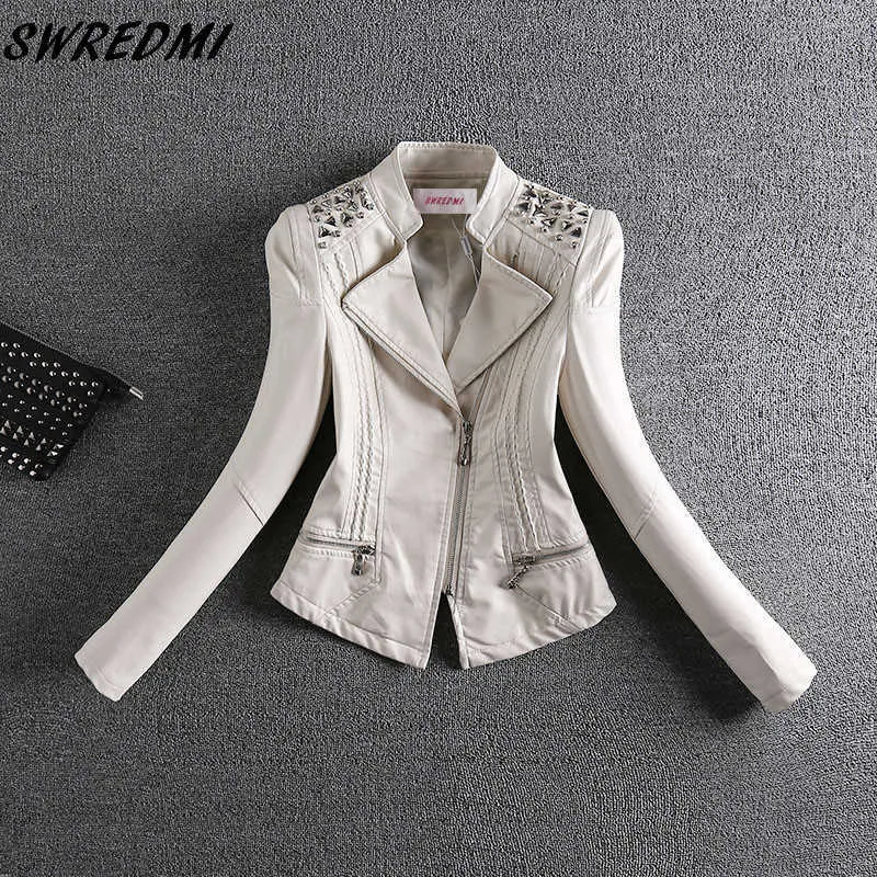 Swredmi Moda Red Motocicleta Casaco de Couro Mulheres Rivet Zíperes Biker Casaco de Couro Plus Size S-3XL Suede Outerwear 211007