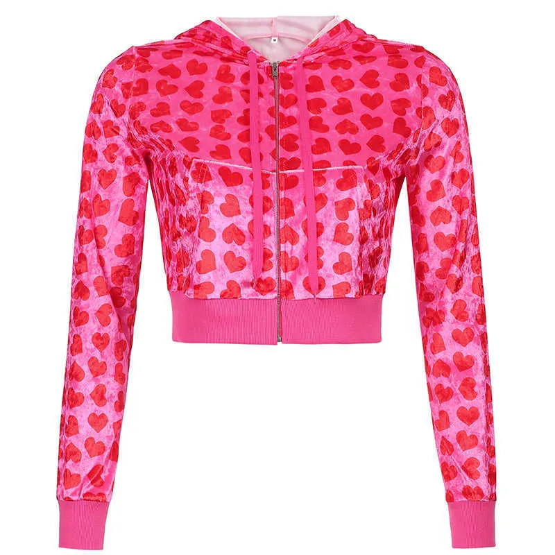 Vintage mode hjärta tryckta rosa hoodies kvinnor dragkedja upp beskuren tröja höst vinterjacka grundläggande 2 styck set kvinnor 210928