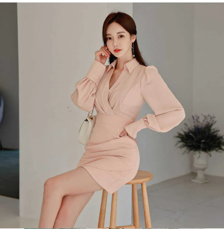 秋のピンクのセクシーなシャツ韓国の女性長袖タイトなオフィスミニパーティードレス中国服210602