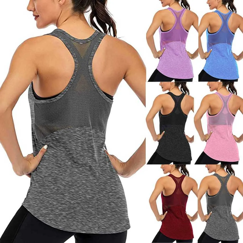 Summer Women Solid Colors Fitness Workout Tank Tops Sleeveless Mesh Back Tops Racerback Muscle Sport Loose Tops Plus Size#p3 Y0824