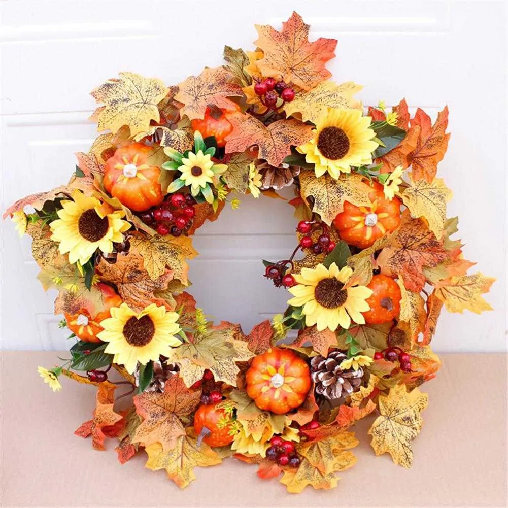 シミュレーションカボチャの花輪の装飾品感謝祭のカエデの葉の松の円錐秋の祭りの扉の壁掛け装飾花輪Y0901